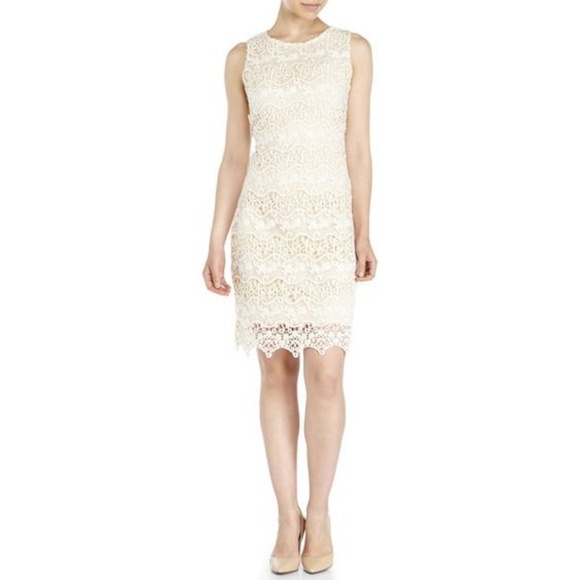 Badgley Mischka Dresses & Skirts - Badgley Mischka Beige Crochet Sheath Dress Size 4